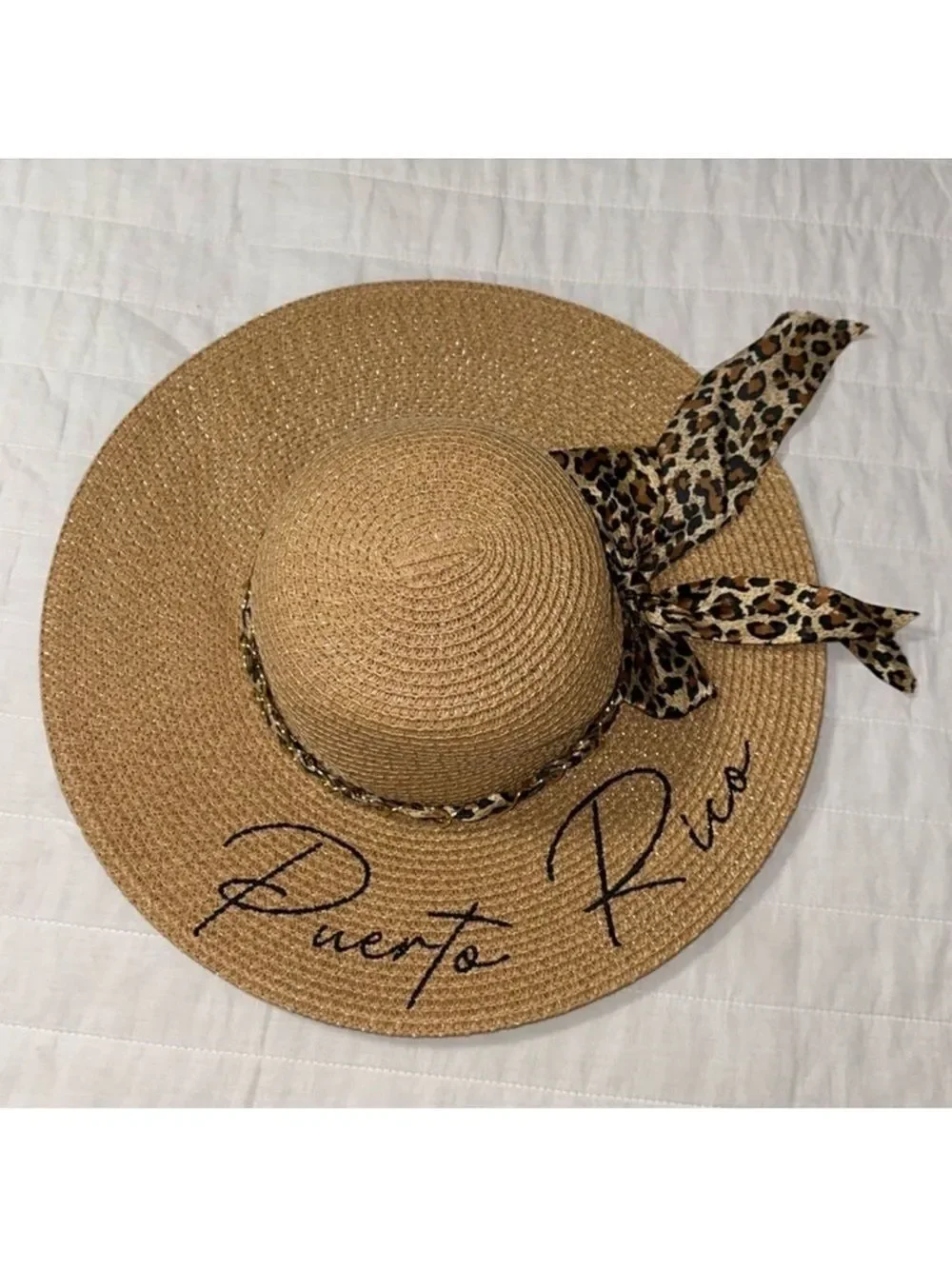 Tan Leopard Gold Tone Chain Scarf Puerto Rico Floppy Hat